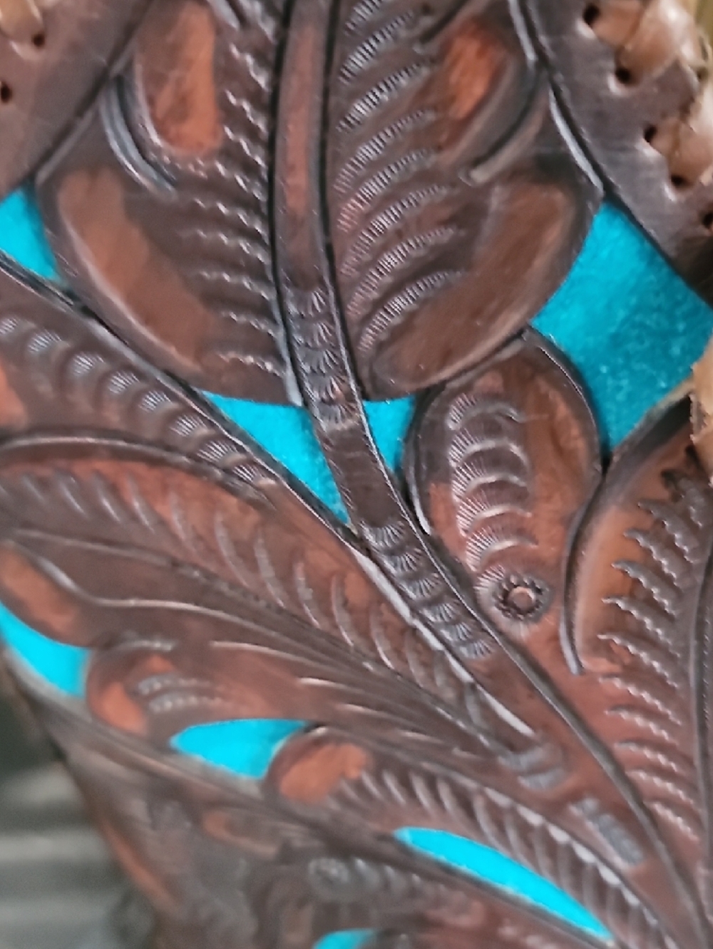 Vintage Handcrafted Tooled Leather Tote Bag in Brown and Turquoise - Picture 3 of 6